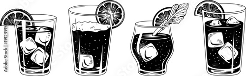 Classic cocktail glass set with ice cubes citrus garnish and herbs, black and white vintage vector illustration for bar menu, drink branding, beverage design