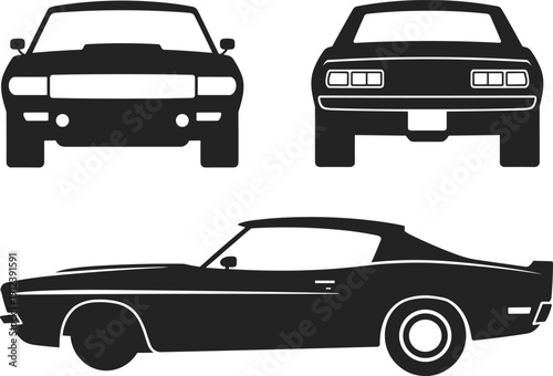 Classic Muscle Car Silhouette Set, Front Rear and Side View Vintage American Sports Automobile Vector Illustration Isolated on White Background