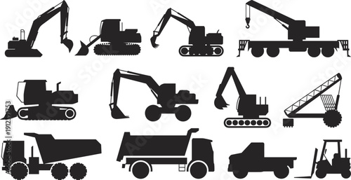 Construction Machinery Silhouettes Set, Excavator Crane Bulldozer Dump Truck and Heavy Equipment Vehicles Black Isolated Vector Collection for Industrial Industry