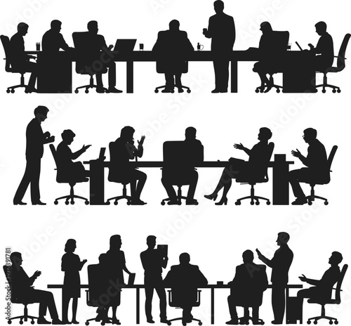 Corporate business meeting silhouette collection showing office teamwork collaboration and leadership discussions, black vector people for boardroom strategy, management presentations, 