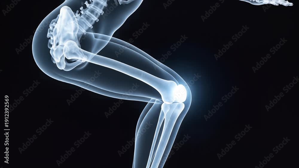 Human Particulation Glowing knee joint articulation shown in a dark blue x-ray ...