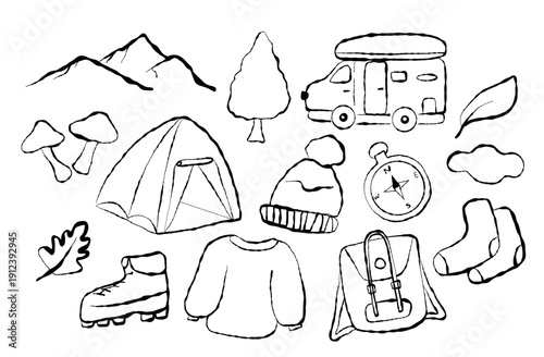 set of hand drawn illustrations adventurer themed