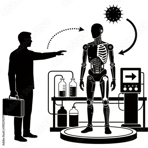 Innovate Science in the Lab: A silhouette man in a modern lab is studying the anatomy of a humanoid robot, alongside test tubes, circular virus, and advanced machine.