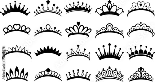 Decorative black crown and tiara silhouette set isolated on white background, royal princess diadem collection for logos, wedding design, branding and vector illustration