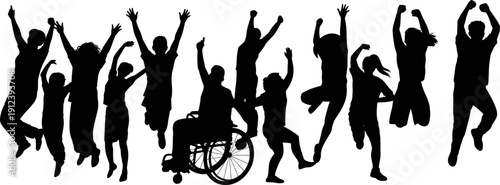 Diverse people silhouette jumping together including wheelchair user, celebrating inclusion, unity, teamwork, and equality, black and white illustration for community, diversity, 
