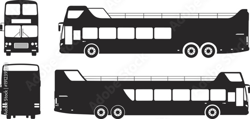 Double Decker and Coach Bus Silhouette Set, Front Side and Rear Public Transport Vector Illustration Isolated on White Background