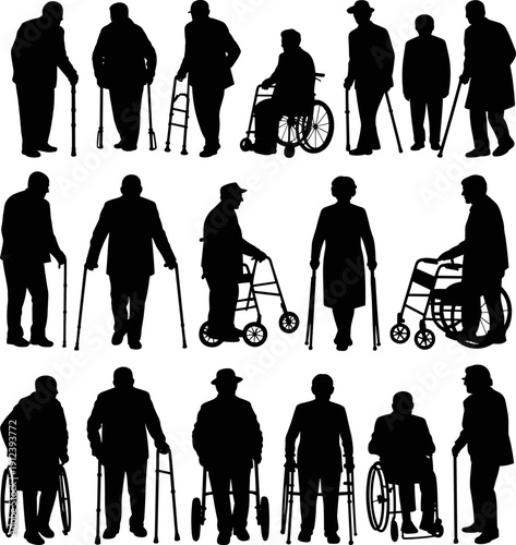 Elderly people silhouette set with walkers and wheelchairs, senior mobility and care illustration for aging population, healthcare support, assisted living, rehabilitation services, 