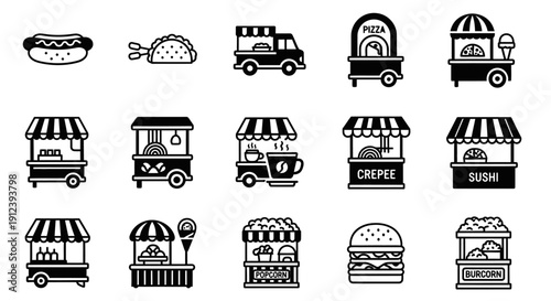 Solid black food and street vendor icon set featuring market stalls, carts, and popular food items like burgers, hot dogs, and ice cream in silhouette vector cartoon style with transparent background