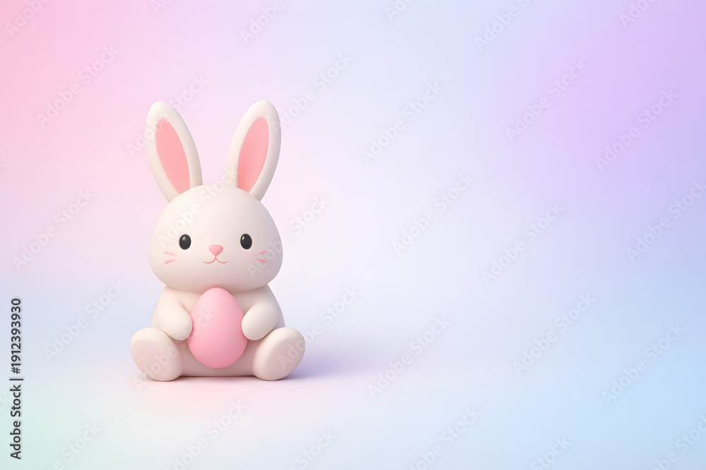 Obraz premium A cute white bunny holding a pink egg on a pastel background Easter Day