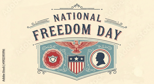 National freedom day badge with eagle shield and patriotic symbols on cream background