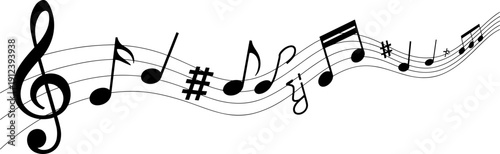 Flowing music notes illustration with treble clef and rhythmic melody, black musical staff vector design for audio themes, backgrounds, posters, branding, sound visualization, creative projects