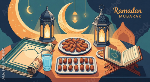 Ramadan mubarak festive table setting with dates lanterns and quran on a prayer mat at night