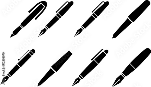Fountain and Ballpoint Pen Silhouettes Set, Ink Writing Nib Stationery Icons Black Isolated Vector Collection for Office Education and Business