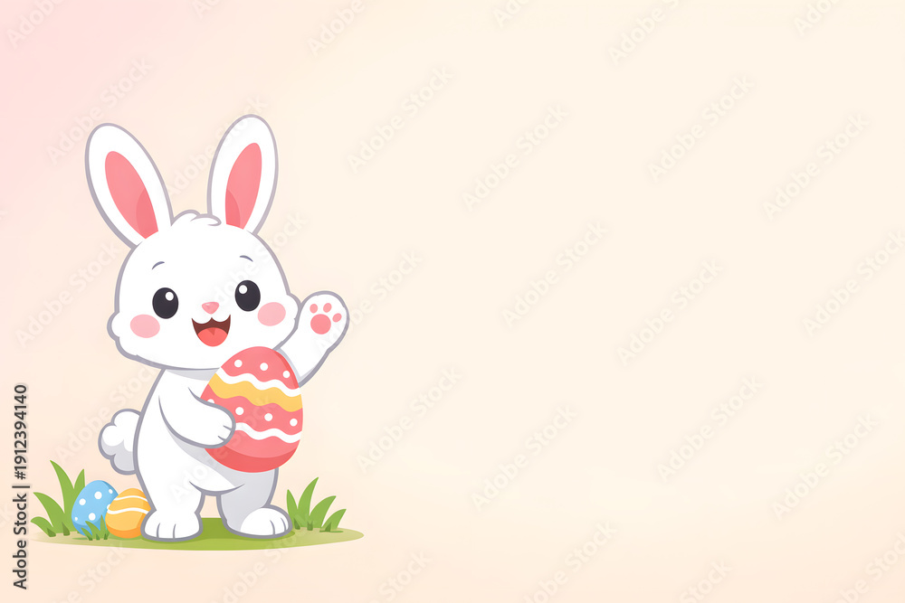 Obraz premium A cheerful cartoon bunny holding a colorful Easter egg in a grassy field Easter Day
