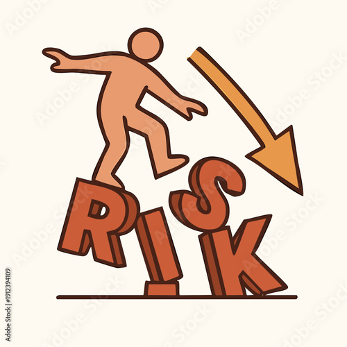 risk as a physical balancing act walking across unstable, oversized letters, everything tilted just enough to signal tension, with that downward arrow amplifying the sense of danger