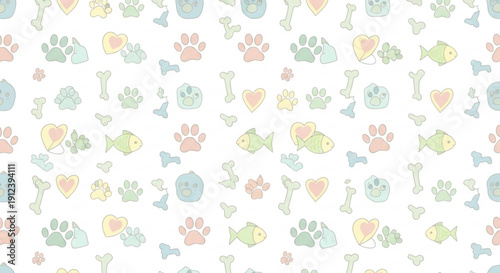 Pastel animal icons pattern with paw prints fish hearts and dog bones on white background