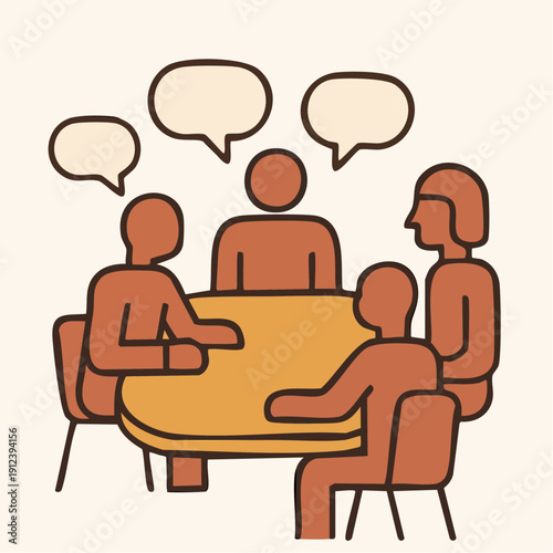 five simplified figures gathered around a round table, each with a speech bubble rising above them. It’s communal, balanced, and visually democratic