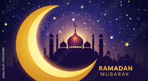 Ramadan mubarak greeting card with mosque silhouette and crescent moon under starry night sky with warm lighting