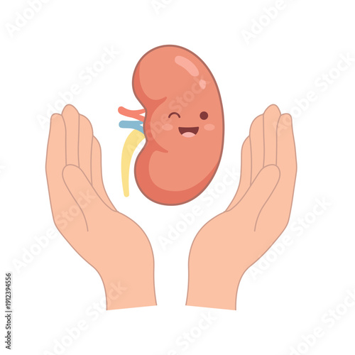 Hands Holding Cute Cartoon Kidney