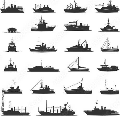 Collection of maritime ship and boat silhouettes including cargo vessels, fishing boats, tugboats and sailboats representing marine transport, naval 