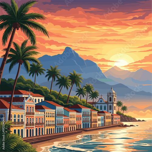 Palm Trees Along Coastal Buildings at Sunset.