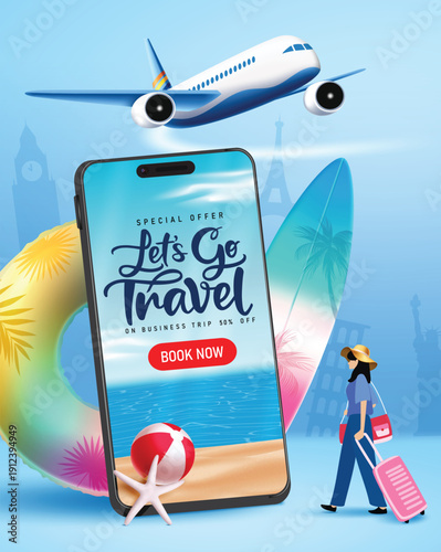 Travel promo booking clipart poster design. Travel Sale for business trip and booking discount mobile application clip art with surfboard, floater, airplane and woman traveler landmark destination 