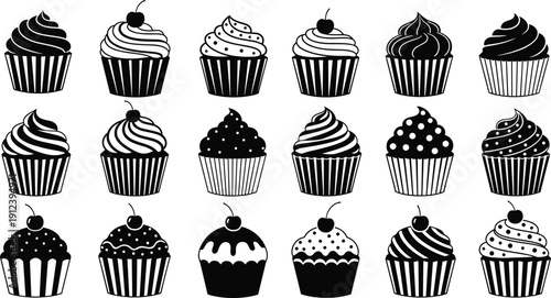 Cupcake collection with assorted frosting and cherry toppings, black and white dessert silhouettes isolated on gray background, sweet bakery vector illustration set
