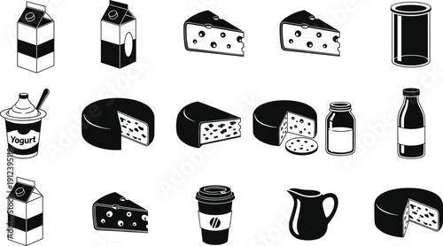Dairy products icon set with milk cartons, cheese, yogurt and bottles, black silhouette food collection isolated on gray background vector illustration