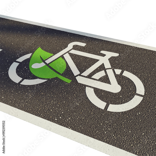 A bicycle symbol with a green leaf on a road marking indicating eco-friendly transport