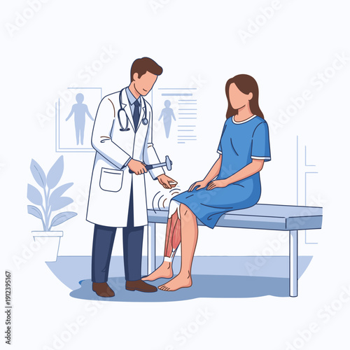 A doctor performs a knee jerk reflex test on a female patient during a medical examination in a clinic setting.