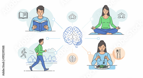 An illustration depicting various activities that contribute to brain health and mental well-being, including reading, meditation, exercise, and healthy eating.