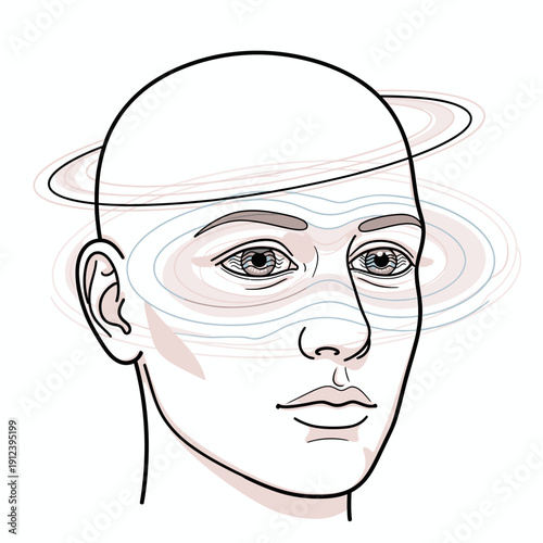 A line art illustration of a human head with abstract concentric rings around the forehead, eyes, and above, symbolizing thought or a mental state.