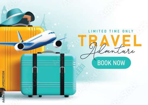 Travel adventure promo booking clipart banner design. Travel Sale limited time offer discount clip art for international tour banner template with luggage bag and travelers hat vacation elements 