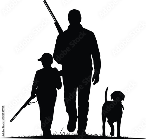 Father and son hunting silhouettes walking with rifles and dog, outdoor family bonding and countryside adventure concept, wildlife sport and tradition illustration isolated on white background