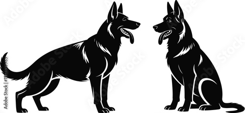 German Shepherd Dog Silhouette Set Vector Illustration Showing Standing and Sitting Alsatian Canine Isolated on White Background for Pet Design Branding