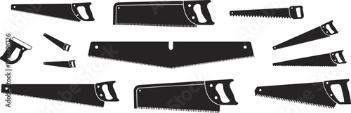 Hand saw silhouettes set with various woodworking blades, black carpentry cutting tools collection isolated on white background, detailed vector illustration for construction design