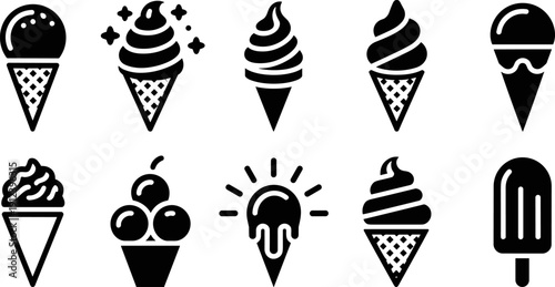 Ice cream and dessert silhouette icon collection featuring cones, popsicles, scoops, and sweet treats in black vector style for food branding, menus, packaging, and summer designs