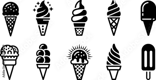 Ice cream silhouettes icon set isolated on white background, frozen dessert cones and popsicles collection, sweet summer treats, minimal flat design illustration