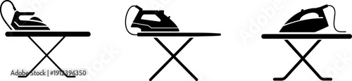 Ironing board and electric iron silhouettes set isolated on white background, household laundry equipment icons collection, domestic appliance symbols, minimal flat design illustration