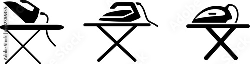 Ironing board with electric iron silhouettes set isolated on white background, household laundry appliances icons collection, domestic cleaning equipment, minimal flat design illustration