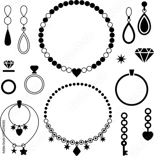 Jewelry silhouette icon collection featuring necklaces, earrings, rings, diamonds, beads, and accessories in elegant black vector style for fashion branding, luxury design, boutiques, 