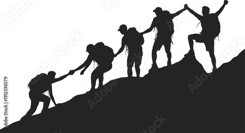 Group of Hikers Climbing Mountain Silhouette with Teamwork and Success Celebration Concept, Adventure Trekking and Outdoor Expedition Isolated on White Background Illustration