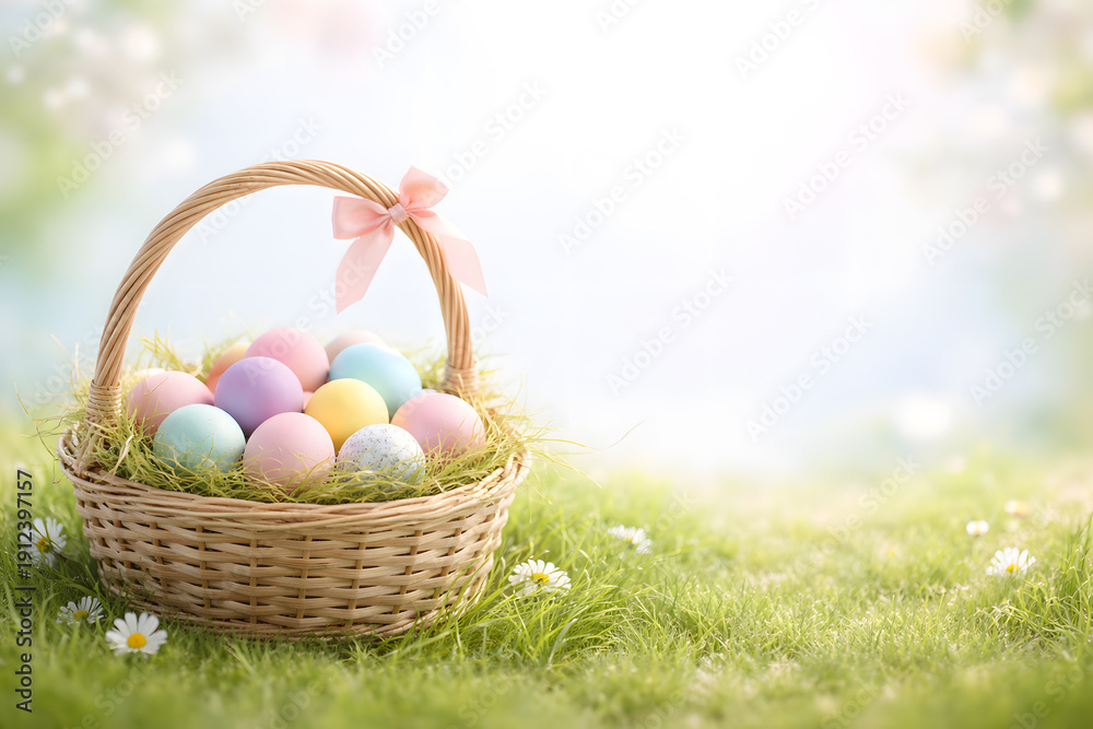Fototapeta premium A wicker basket filled colorful Easter eggs sits in a lush green meadow small white flowers. Easter Day