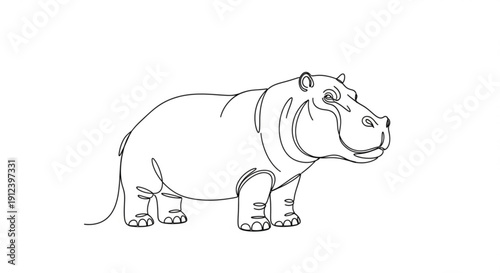 A black line drawing of a hippopotamus standing on a white background with a happy expression and a cute appearance