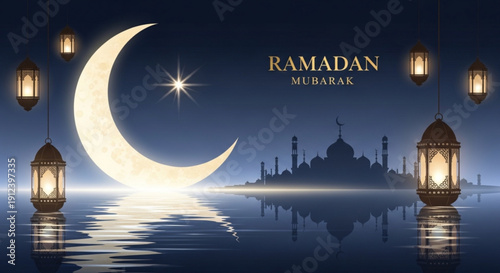 Ramadan mubarak greeting card with crescent moon lanterns and mosque silhouette at night