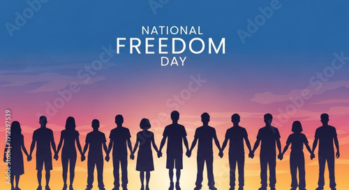 National freedom day people holding hands in unity against vibrant sunset background
