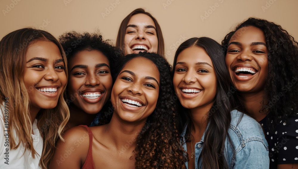 Obraz premium Smiling diverse young women in close group portrait expressing joy and friendship