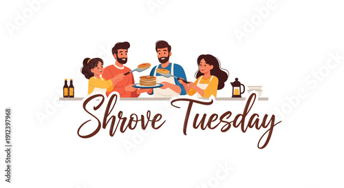 People celebrate Shrove Tuesday or Pancake Day with food and drink in a festive setting.