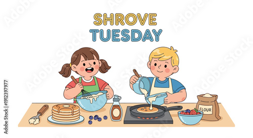 Children celebrating Shrove Tuesday by cooking pancakes with flour, eggs, and butter on a table with a frying pan and skillet.