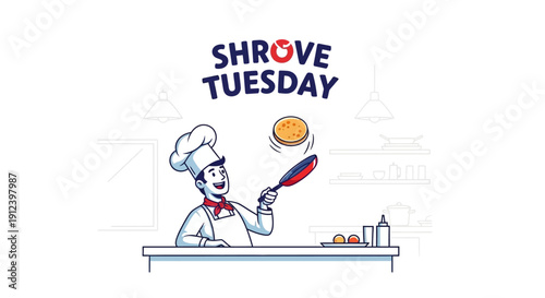 Illustration of a chef flipping a pancake on Shrove Tuesday with frying pan and utensils nearby.